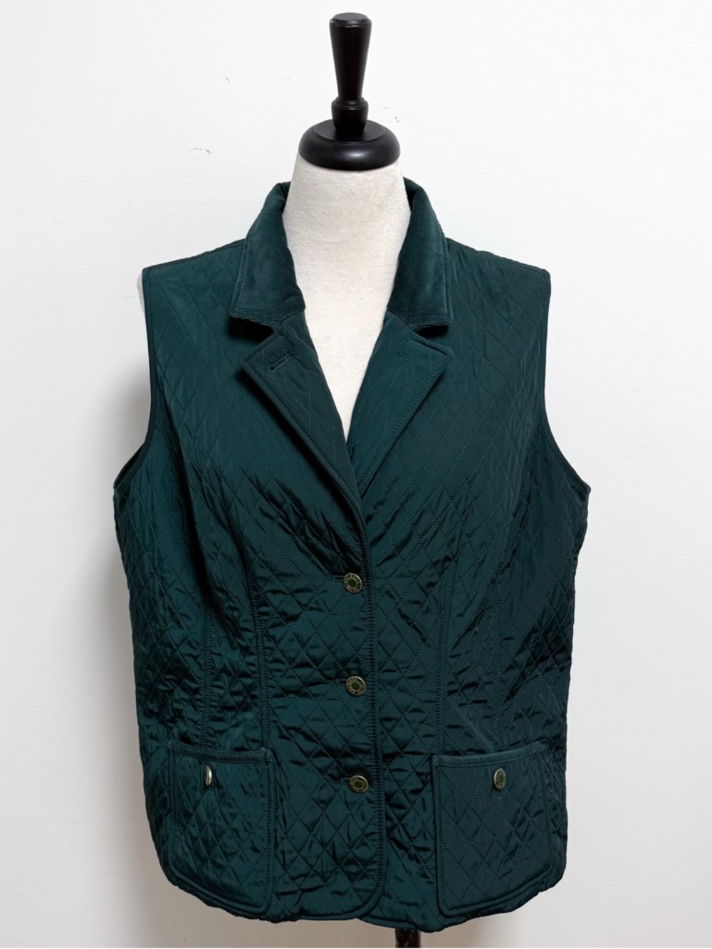 Talbots Woman Dark Green Quilted Gold Tone Buttons Corduroy Collar Vest 1X NWOT